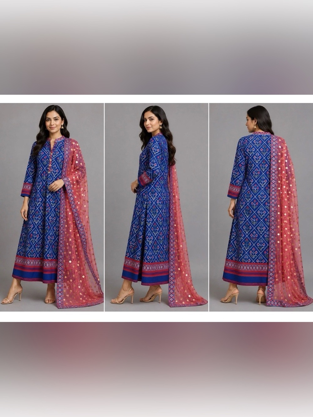 Blue Printed Anarkali Dress with Pink Dupatta